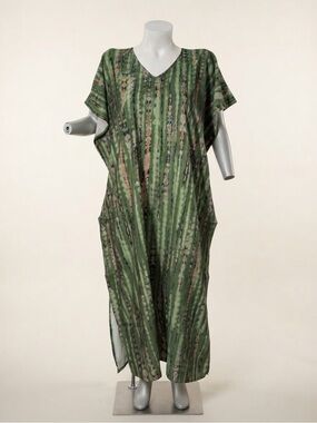 Boho Kaftan Maxi Dress One Size NWOT Green Tie-Dye Striped Print Polyester